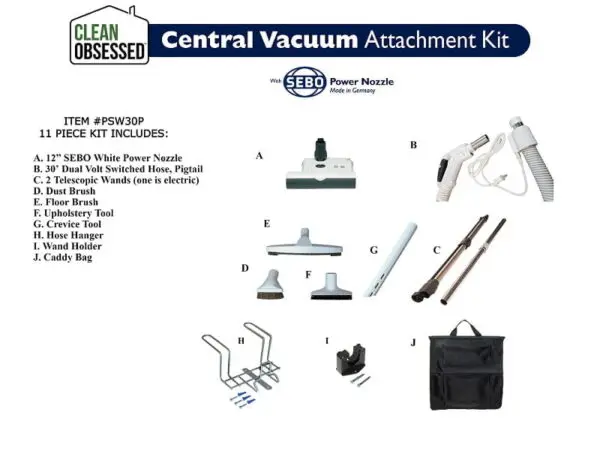 Clean Obsessed Central vacuum kit with 30' Hose with pigtail and 12" Sebo ET-1 power nozzle
